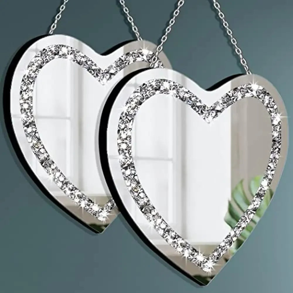 Heart Shaped Crystal Crush Diamond Glass Mirror Set Pack of 2 Glam Style Stainless Steel Chain