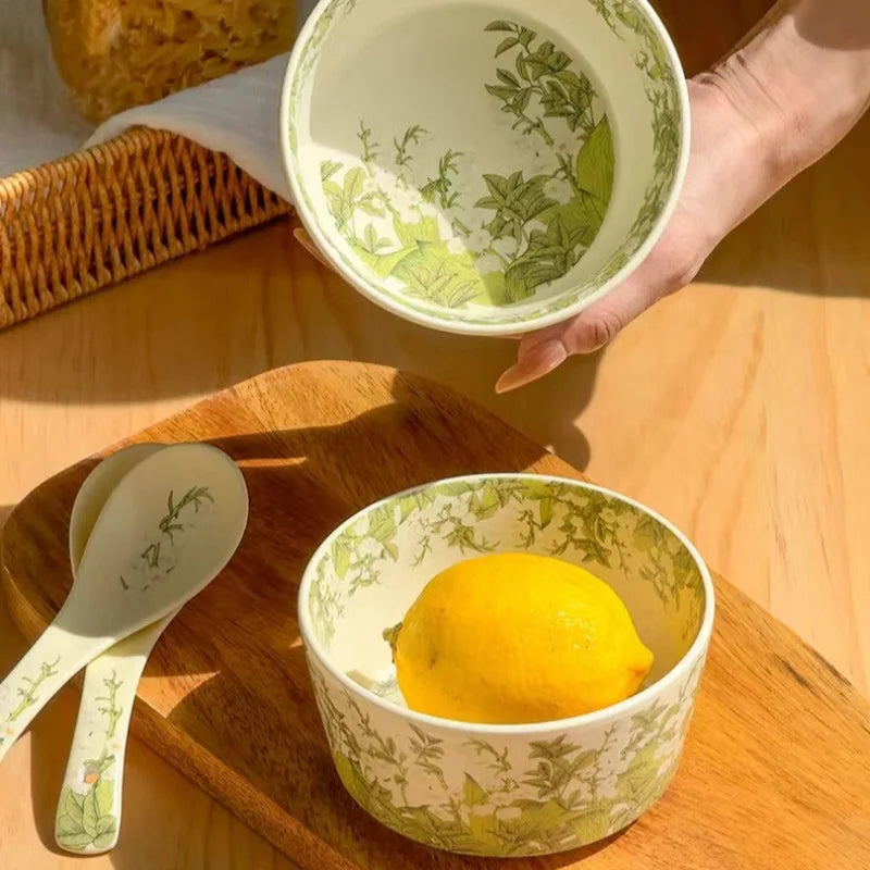 Deluxe Ceramic Bowl Spoon Set Bell Orchid Oil Painting Style Ceramic Tableware Retro Bowl