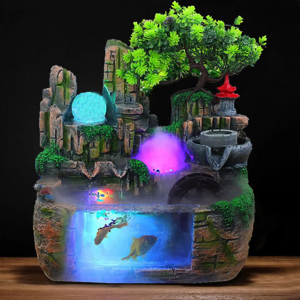 Fountain Waterfall with Rockery Indoor Relaxation with Light Bird & Fisherman for Home