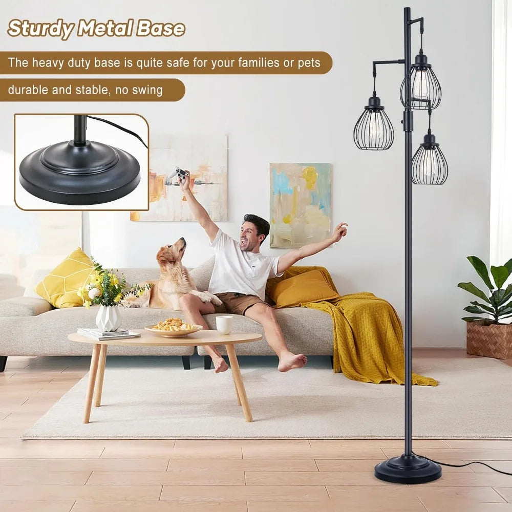 68.5” Dimmable Floor Lamp, Farmhouse Floor Lamps with Elegant Teardrop Cages, Rustic Floor Lamps Black Tall Vintage