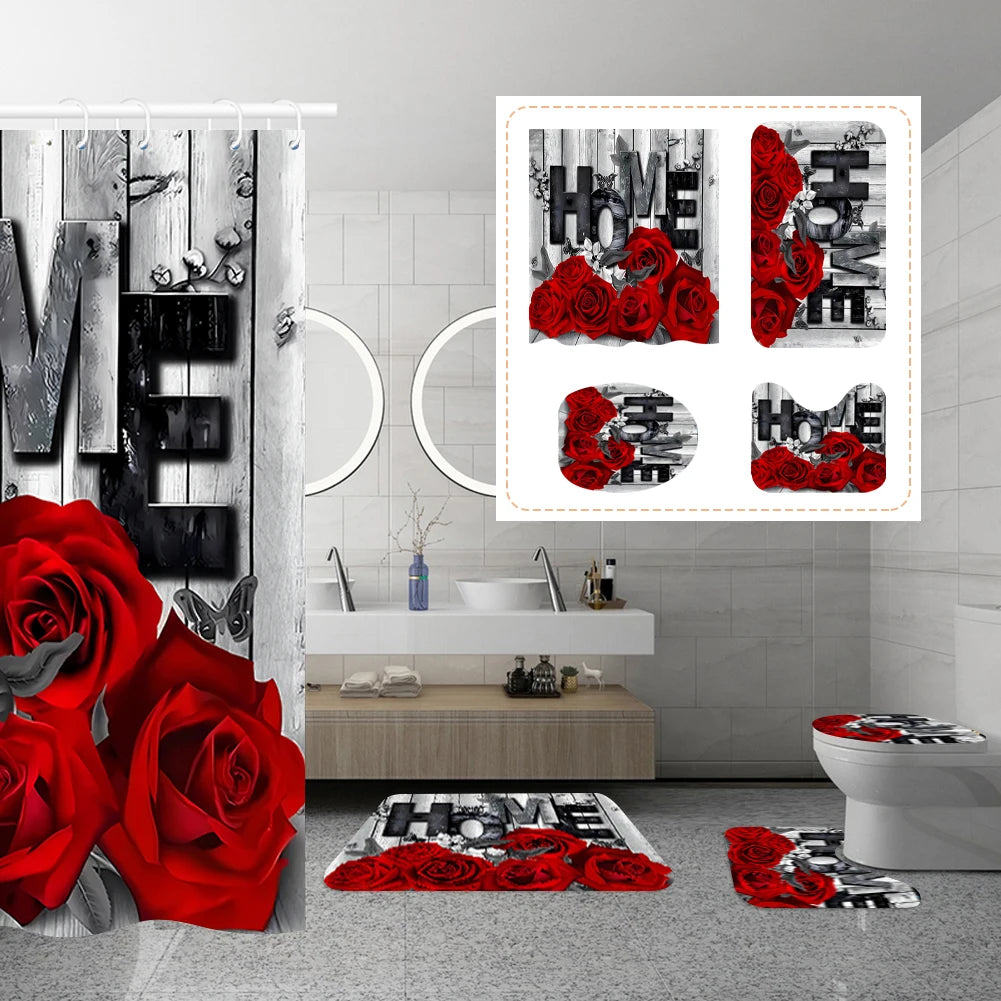 4PCS Flower Shower Curtain Set with Non-Slip Rugs, Toilet Lid Cover and Bath Mat Waterproof Bathroom Decor