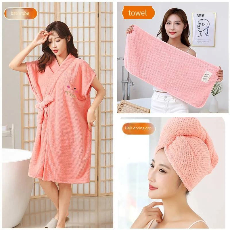 New pineapple bathrobe bath towel coral velvet thickened home cross binding skirt with cap