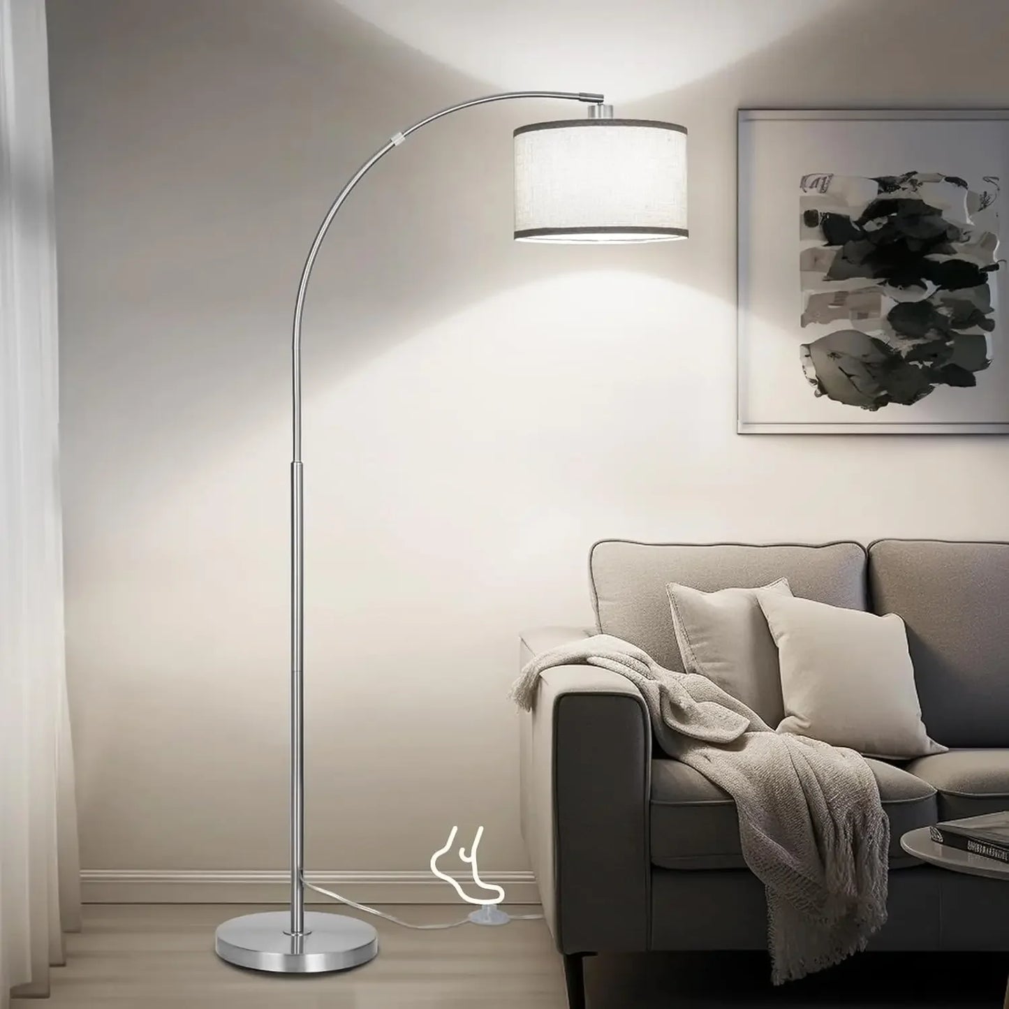 Floor Lamp, Modern Standing with Adjustable Drum Shade, Arched Floor with Foot Switch on Sofa