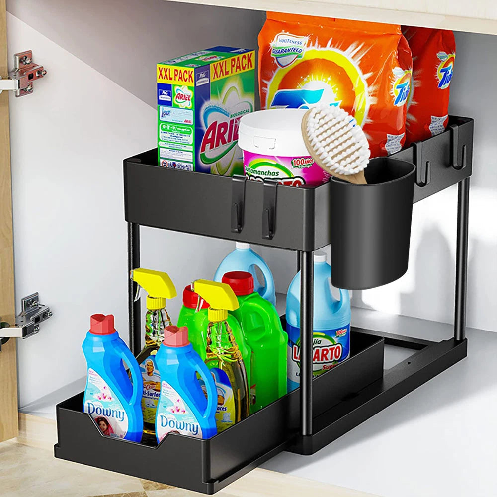 2 Tier Under Sink Organizer Sliding Cabinet Basket Storage Rack with Hooks Hanging Cup