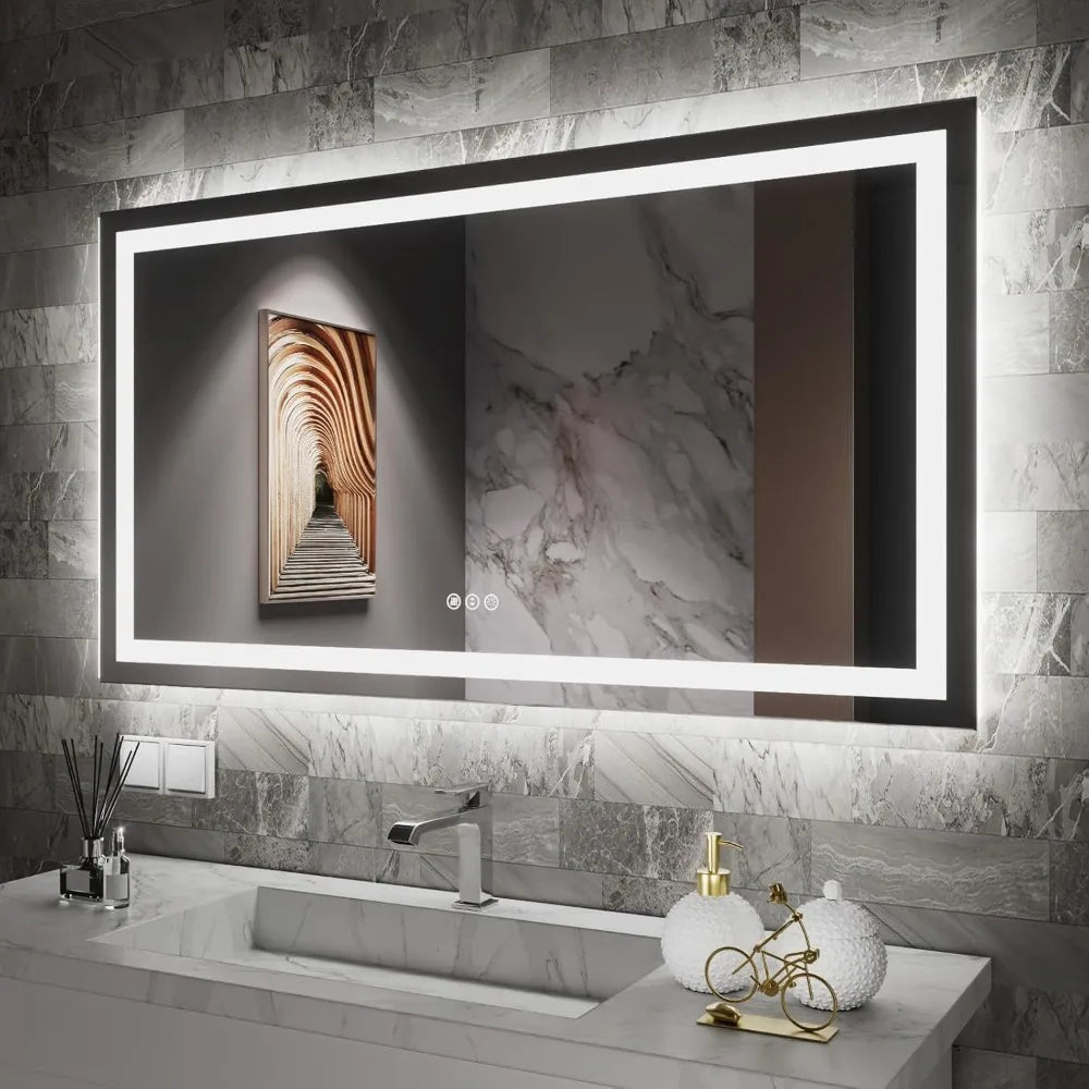 LED Mirror with Front and Backlight, Dimmable Wall Mirrors with Anti-Fog, Shatter-Proof, Memory, 3 Colors