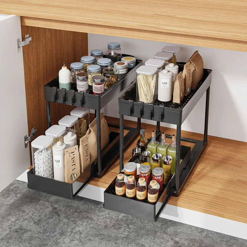 Pull-Out Pantry Multi-Tier Adjustable Storage Shelf for Spices Utensil Under Sink Cabinet Countertop
