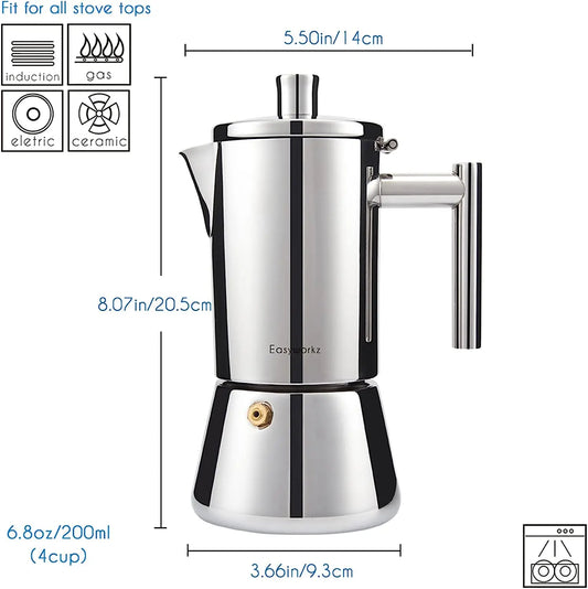 Stovetop Espresso Maker Stainless Steel Italian Coffee Machine Maker 4Cup 6.8 oz Induction Pot