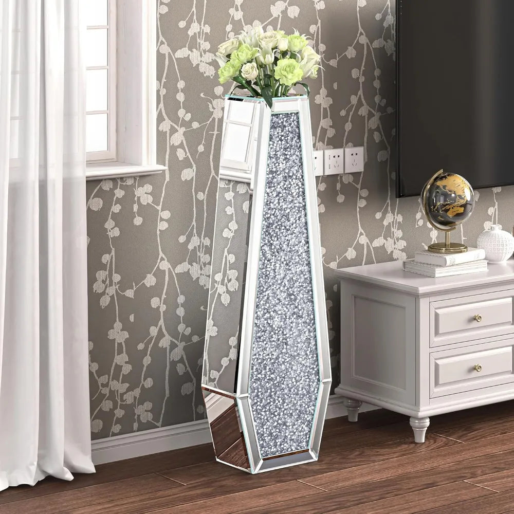 27" Tall Floor Crystal Vase Crushed Diamond Floor Silver for Decor in all rooms