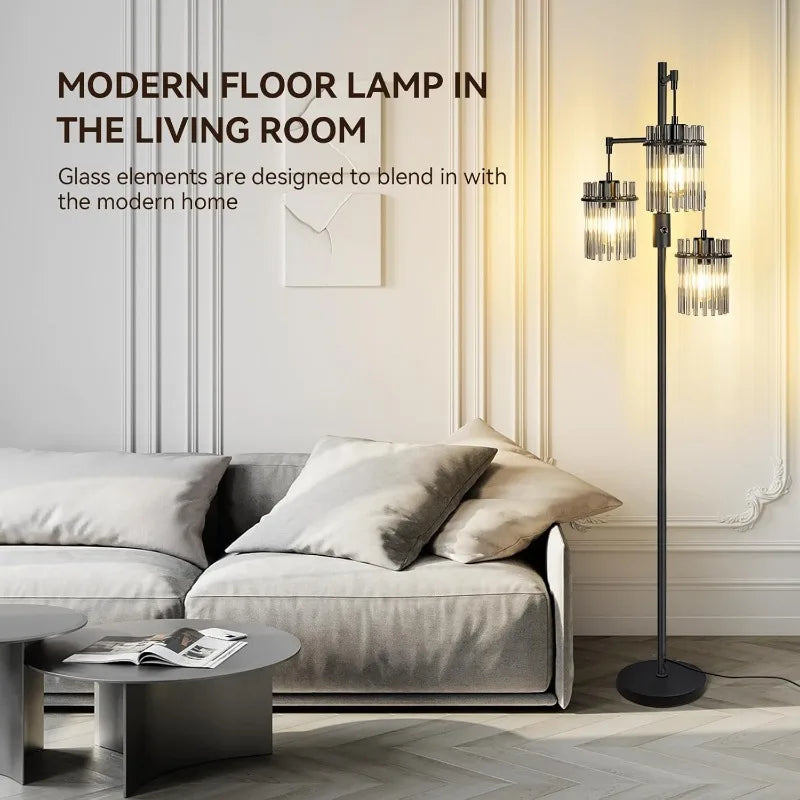 Modern Floor Lamp for Living Room or any room, Dimmable Glass Standing Lamp with 3 Elegant Teardrop