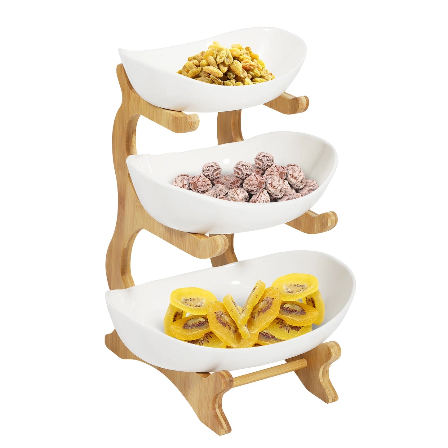 Fruit Bowl, 3 Tier Ceramic Fruit Basket, 3 Tier Serving Stand Serving Bowl with Bamboo Wooden Frame, Porcelain Kitchen Bowls