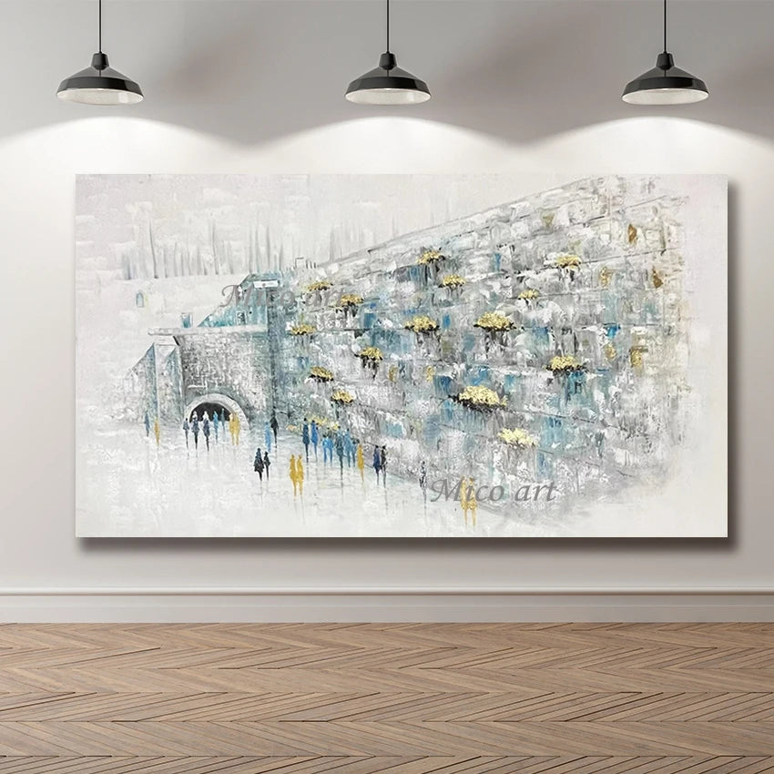 Abstract Oil Painting, Hand Painted Textured Canvas Art, Jerusalem Landscape Judaica, Artwork for Kosher Kitchen Decor