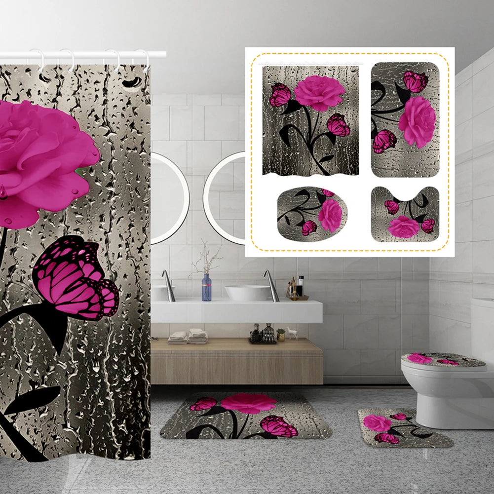 4PCS Flower Shower Curtain Set with Non-Slip Rugs, Toilet Lid Cover and Bath Mat Waterproof Bathroom Decor