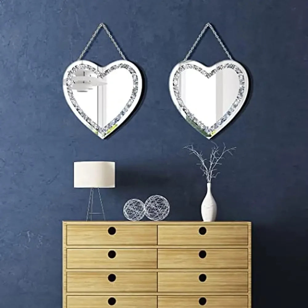 Heart Shaped Crystal Crush Diamond Glass Mirror Set Pack of 2 Glam Style Stainless Steel Chain