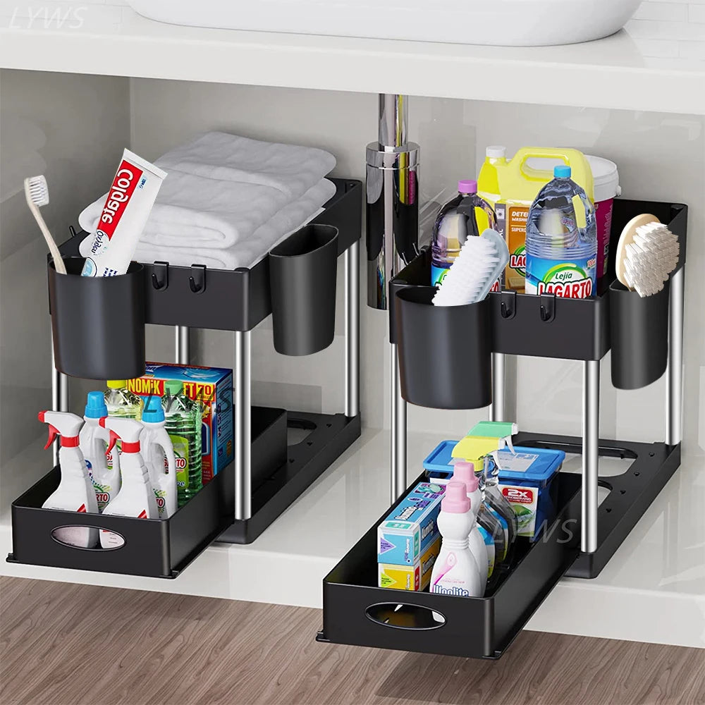 2 Tier Under Sink Organizer Sliding Cabinet Basket Storage Rack with Hooks Hanging Cup