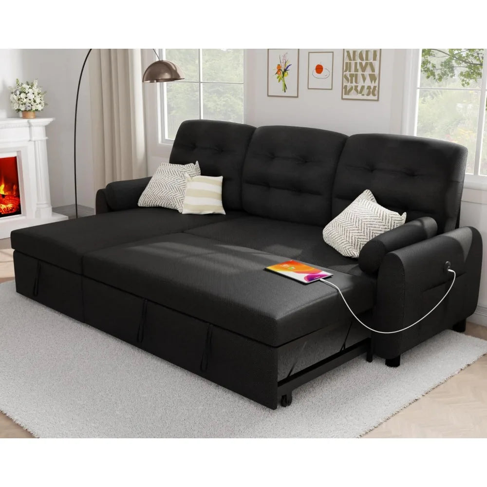 Sectional Sofa Couch Sleeper Sofa Bed with Reversible Storage Chaise Pull Out Couch with side Pocket