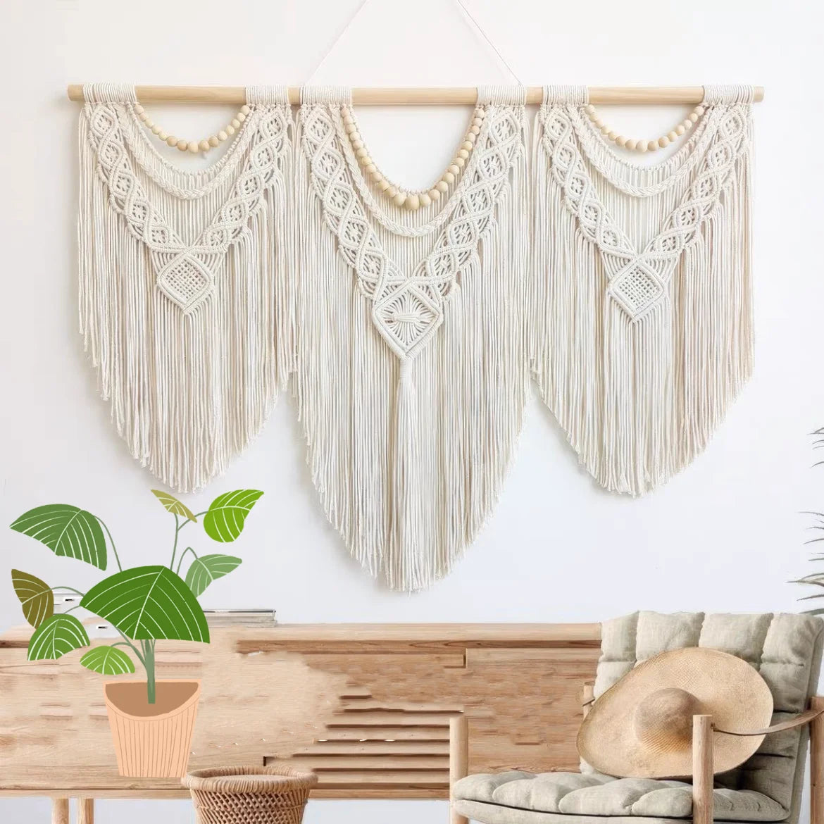 Handwoven Bohemian Cotton Rope Boho Tapestry Creamy-White