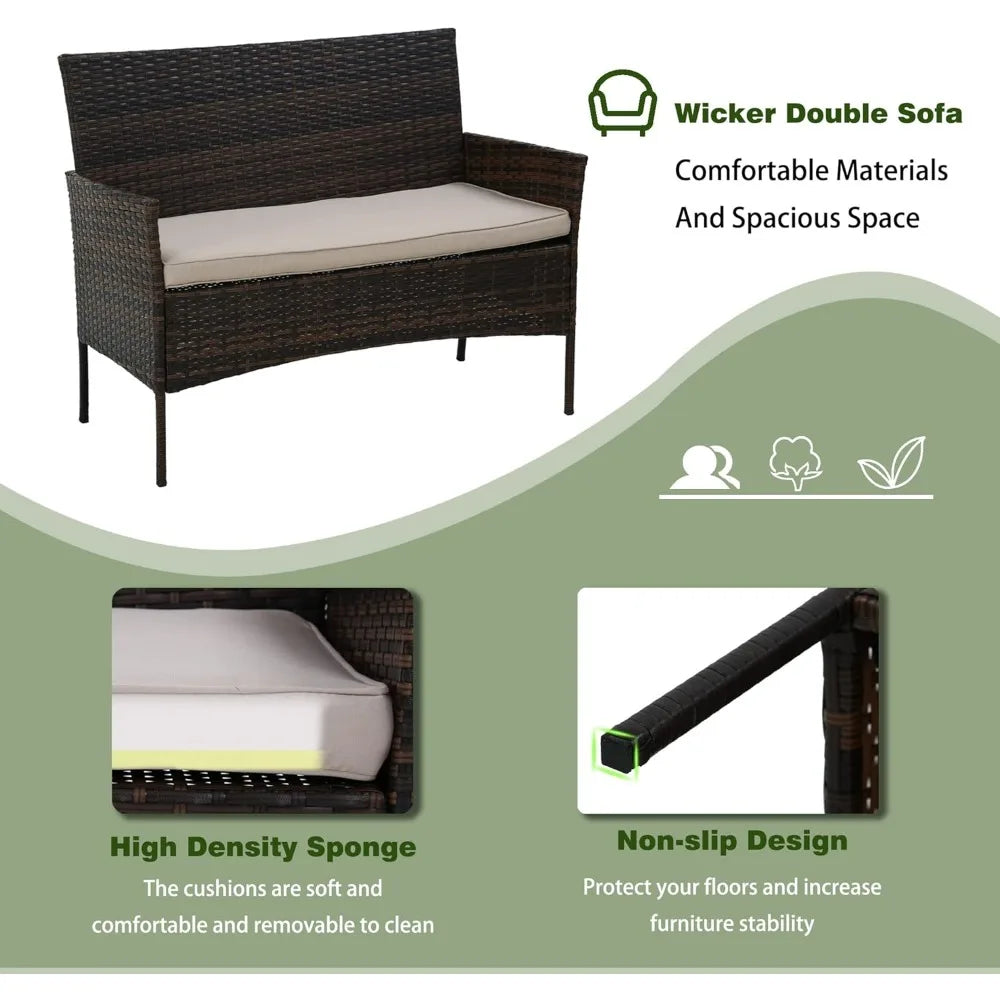 4 Pieces Patio Rattan Outside Furniture Wicker Sofa Garden Sets with Soft Cushion and Glass Table