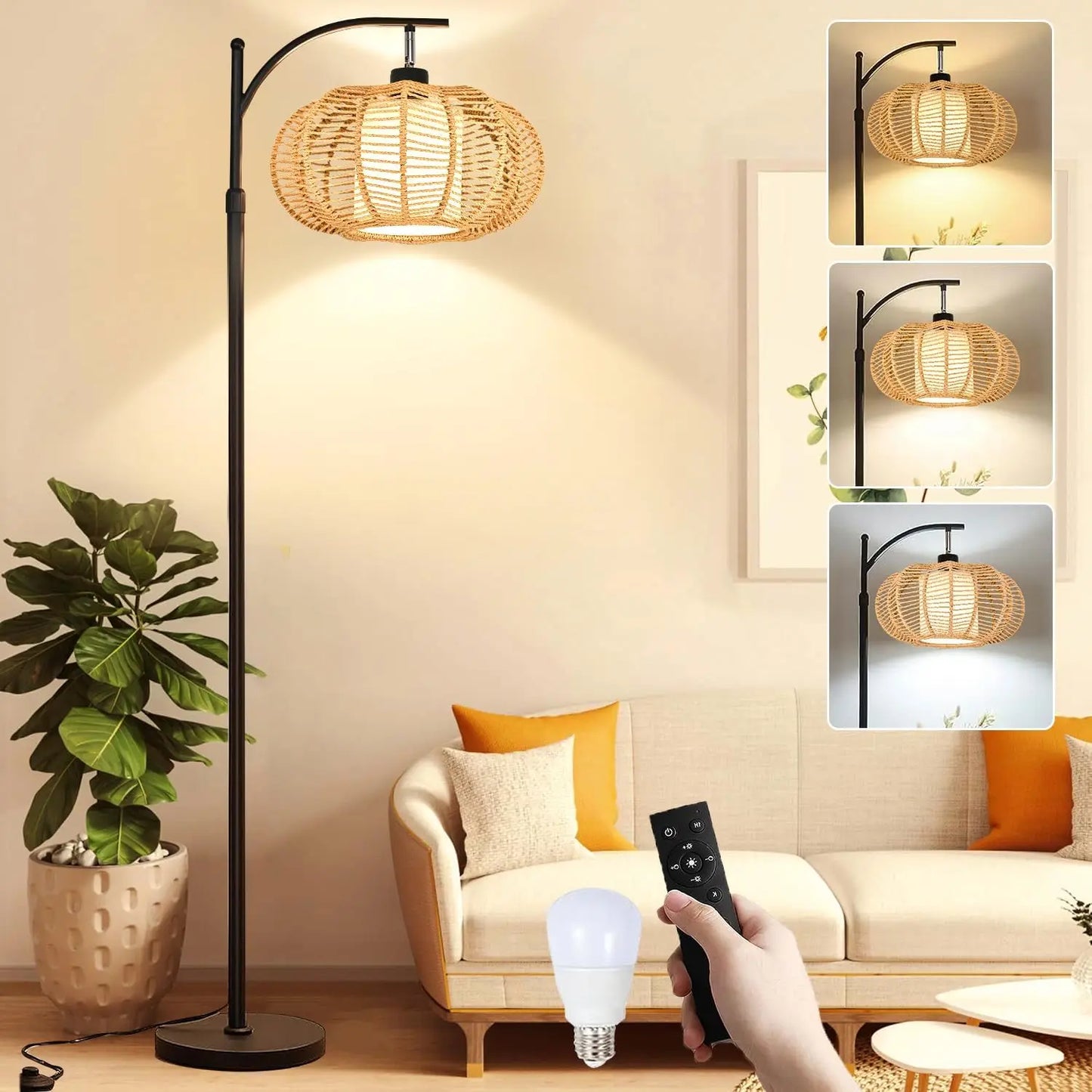Lamp Remote Control, Dimmable LED Floor Wicker Shade Black Standing, 3 Color Temperature