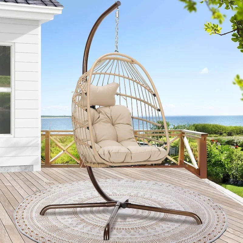 Egg Chair with Stand Outdoor Swinging Foldable Basket Indoor Bedroom Patio Garden