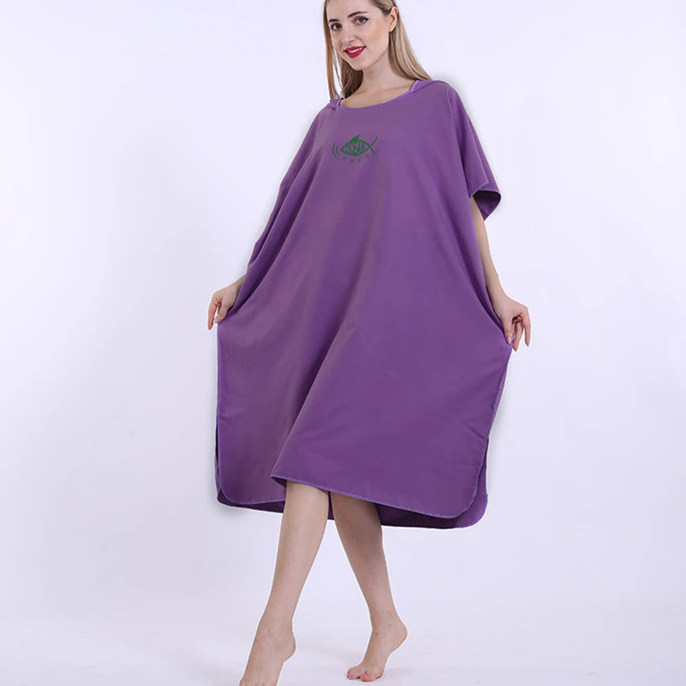 Robe with Hood Microfiber Towel Poncho with Zipper Short Sleeve Poncho Quick Dry