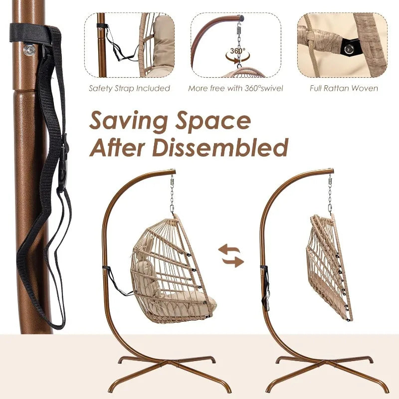 Egg Chair with Stand Outdoor Swinging Foldable Basket Indoor Bedroom Patio Garden