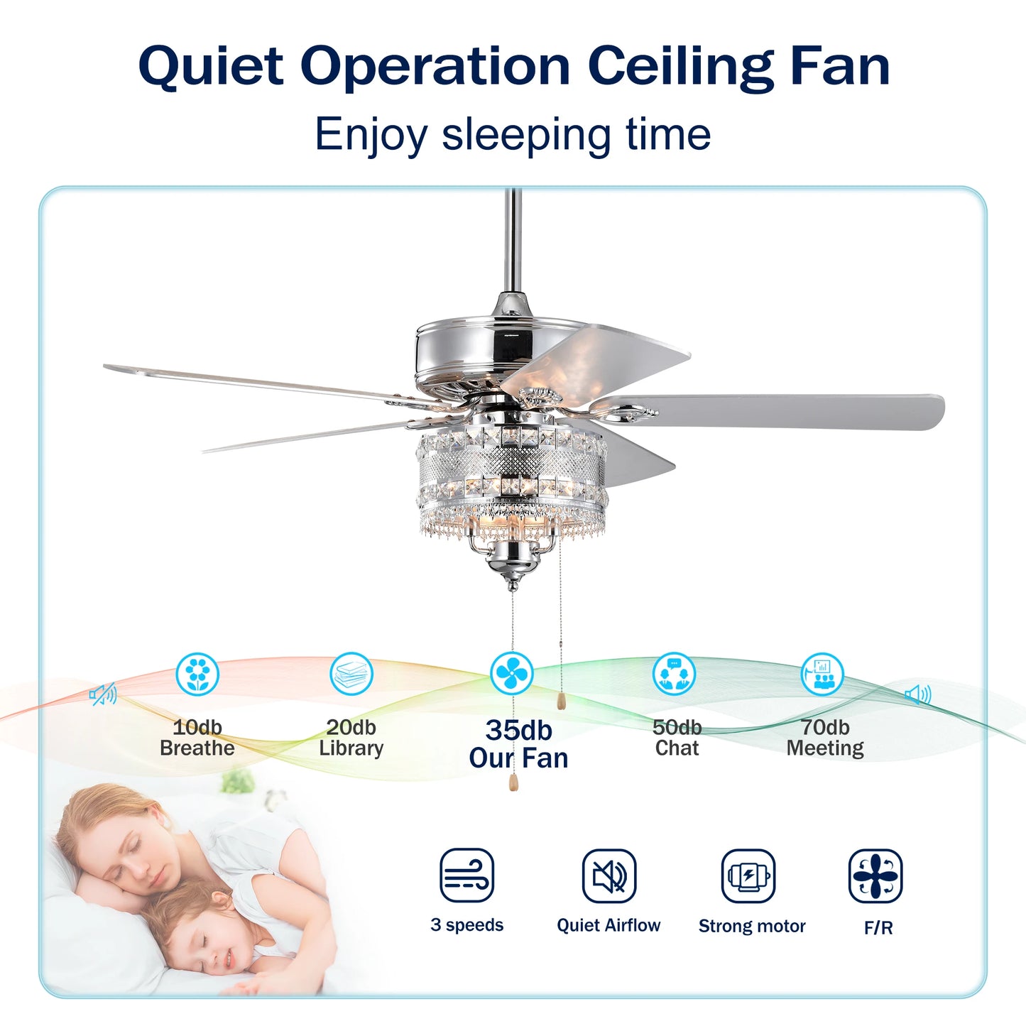 52'' Classical Crystal Ceiling Fan Lamp 5 Reversible Blades Stylish for Any Room