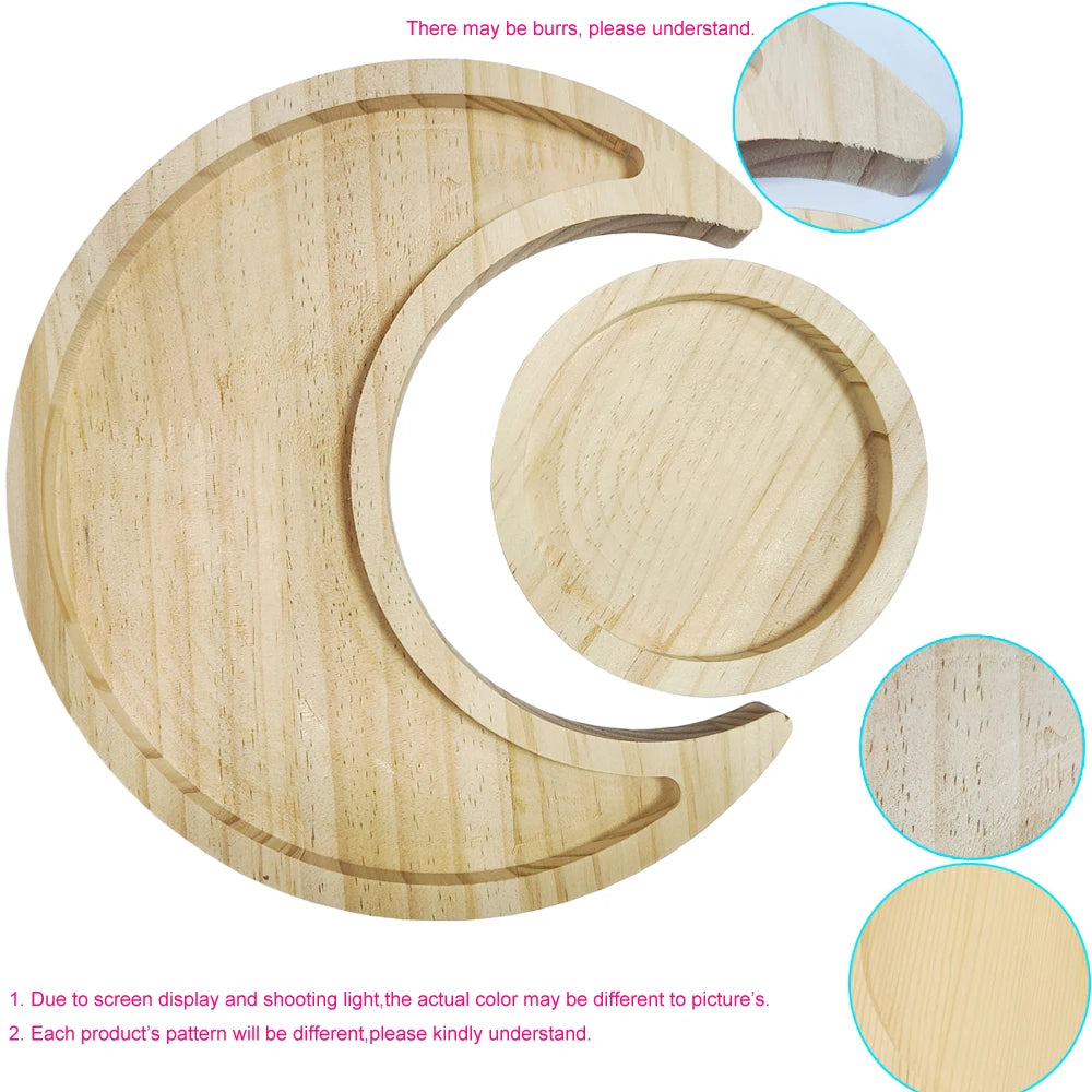 Wooden Crystal Holder Moon Tray with Round Dish Stones Crystals Jewelry Rings Organizer
