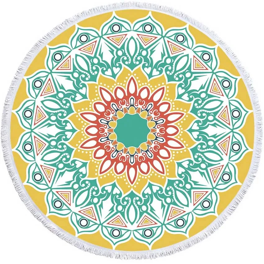Mandala Geometric Round Beach Towel Bohemian Microfiber For Kids Adults Picnic and Yoga Mat