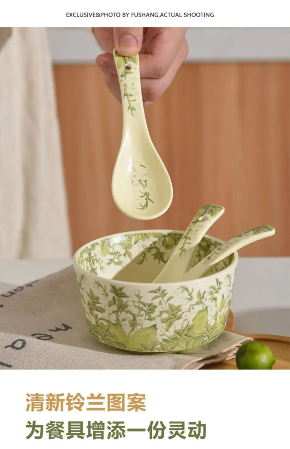 Deluxe Ceramic Bowl Spoon Set Bell Orchid Oil Painting Style Ceramic Tableware Retro Bowl