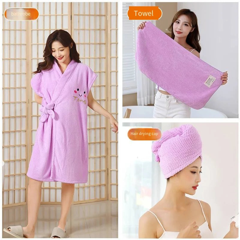New pineapple bathrobe bath towel coral velvet thickened home cross binding skirt with cap