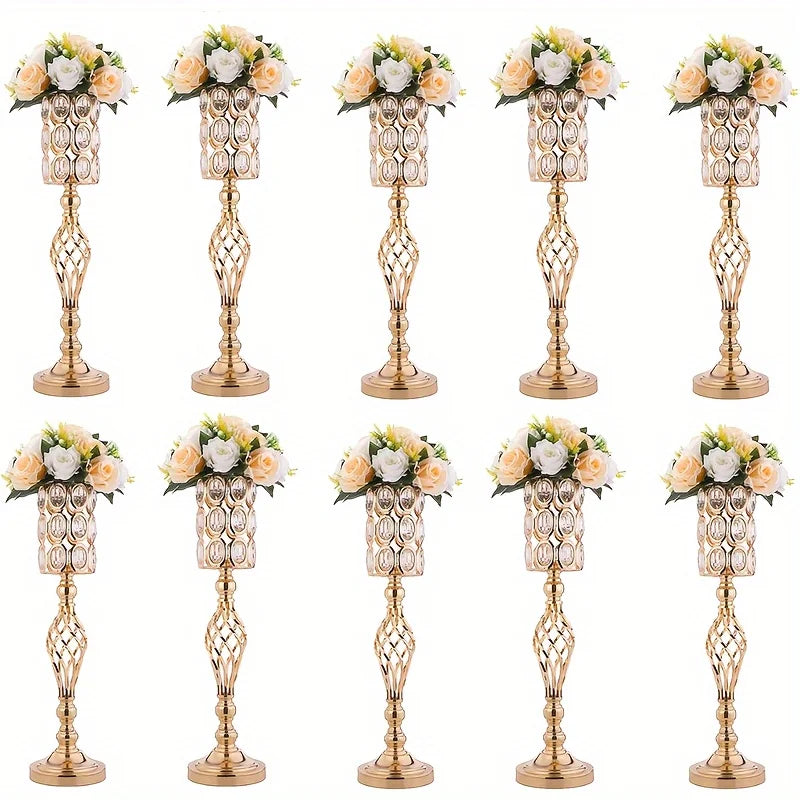 2/10 Piece Metal Diamond Crystal Vase, 24 Inch Gold Multi-Purpose Flower Stand, for All Occasions