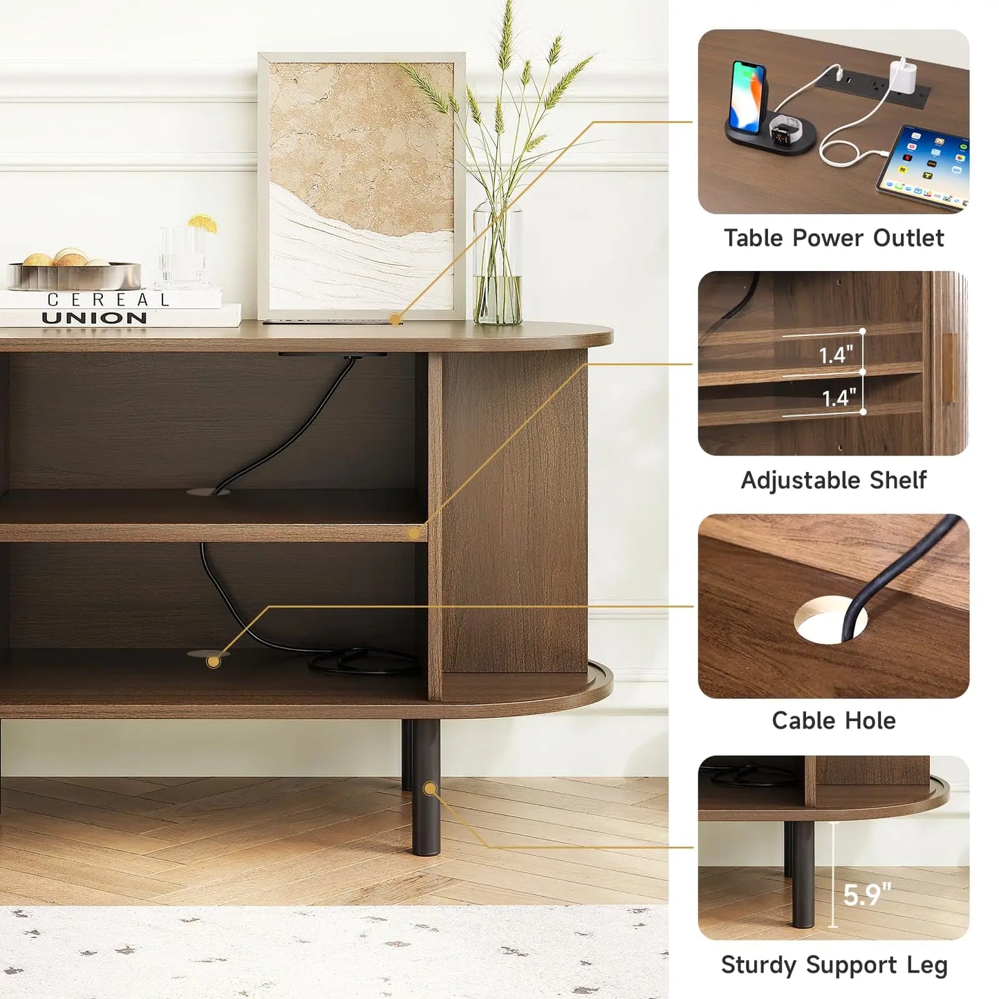 TV Stand Living Room Furniture with Power Outlet for TVs up to 60/70" Table with Sliding Doors Storage Adjustable Shelves