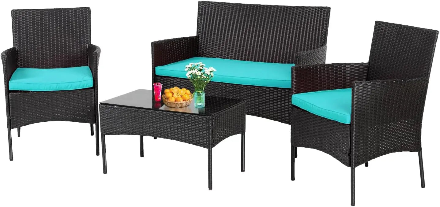 4 Pieces Patio Rattan Outside Furniture Wicker Sofa Garden Sets with Soft Cushion and Glass Table