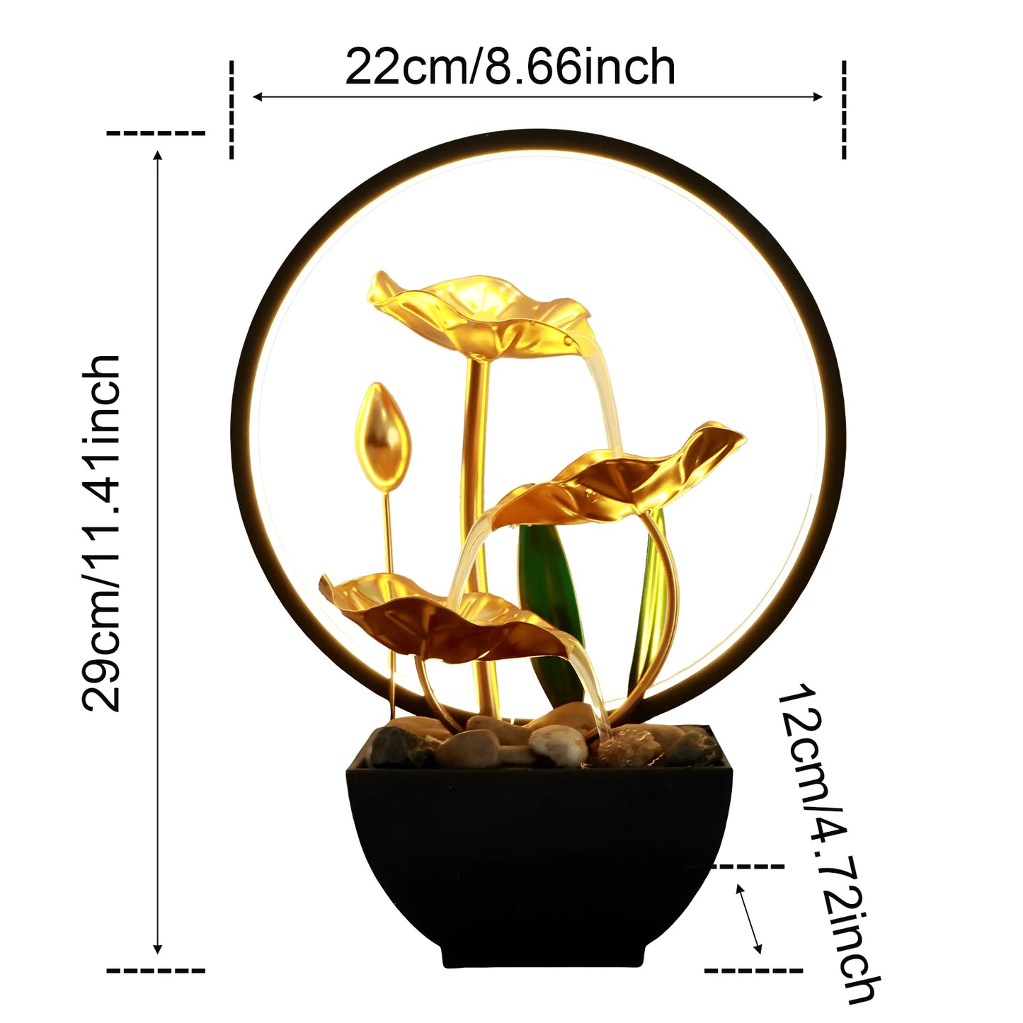 Water Fountain USB Powered Relaxation Desktop Waterfall With Natural Rocks And LED Ring Lights