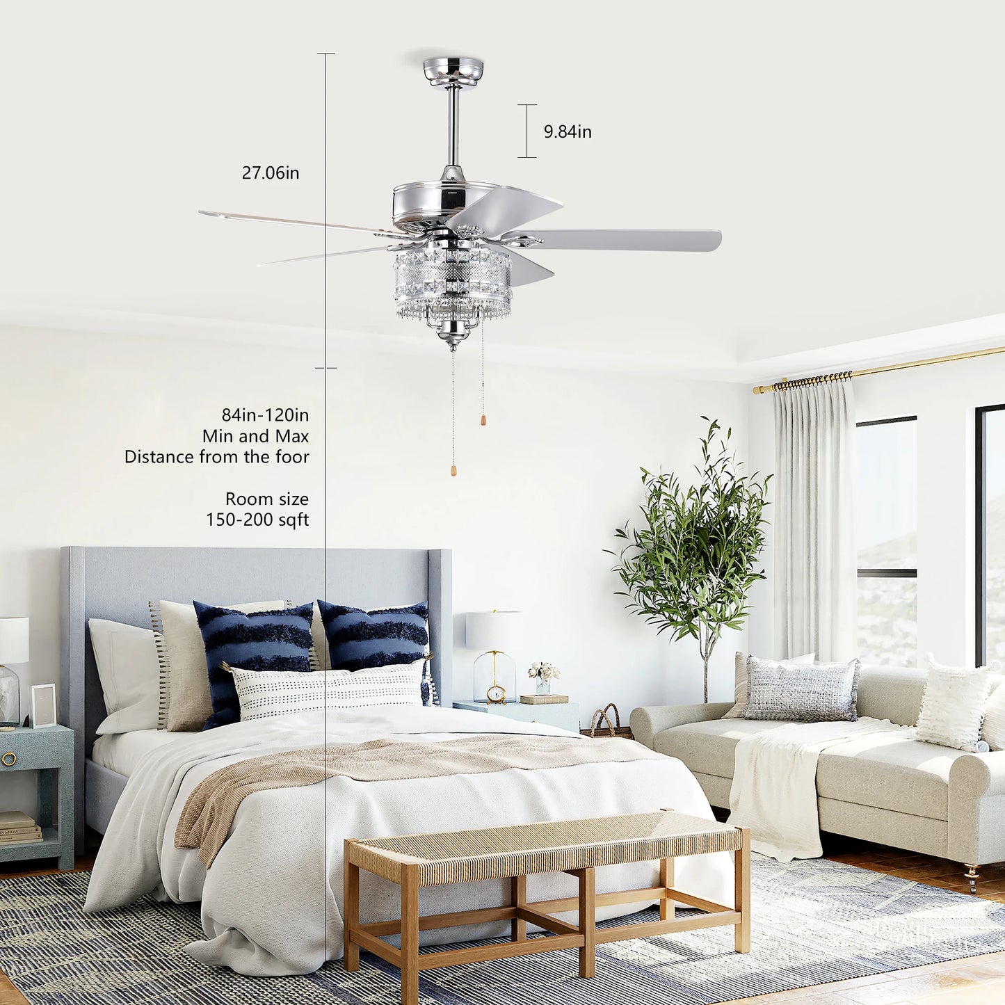 52'' Classical Crystal Ceiling Fan Lamp 5 Reversible Blades Stylish for Any Room