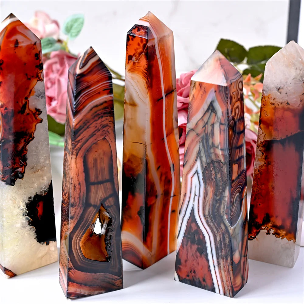 Stunning red and black agate crystal square column, crystal collection decor stone tower