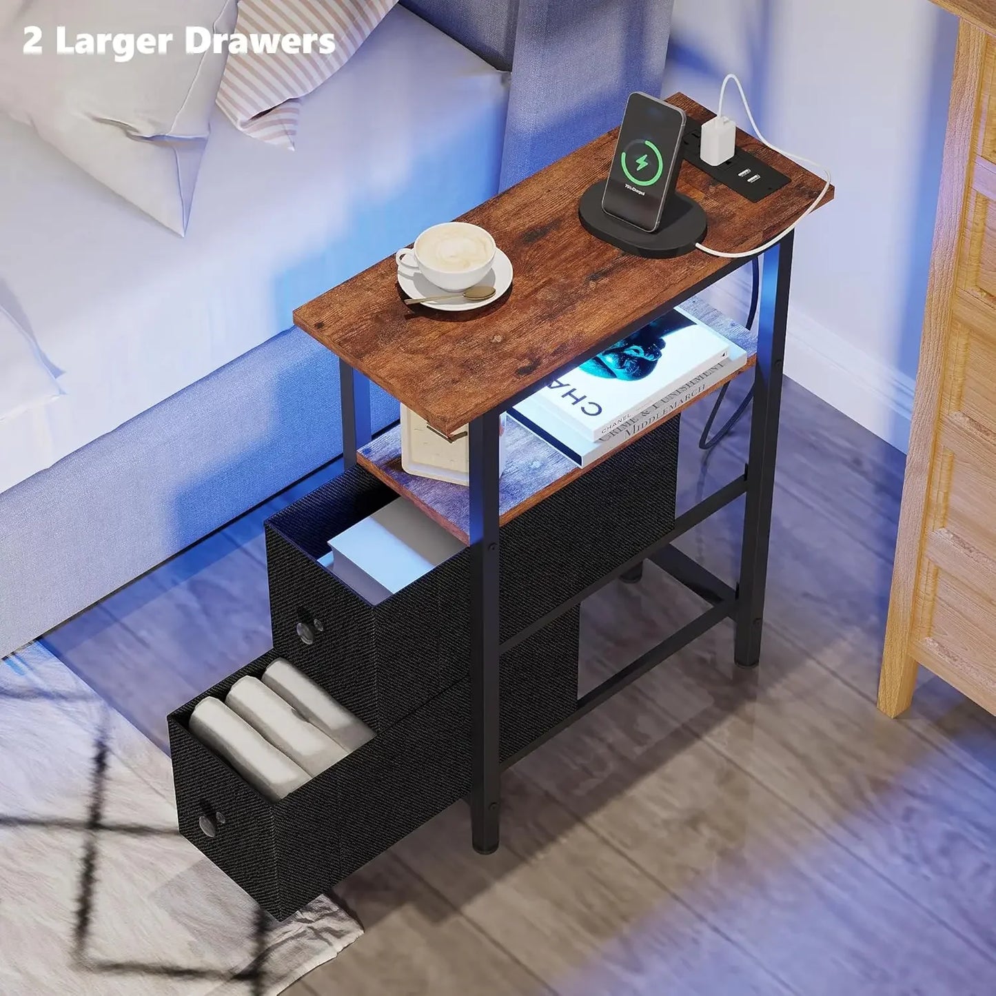 Side Table with 2 Fabric Drawers,, Slim Table for all Rooms