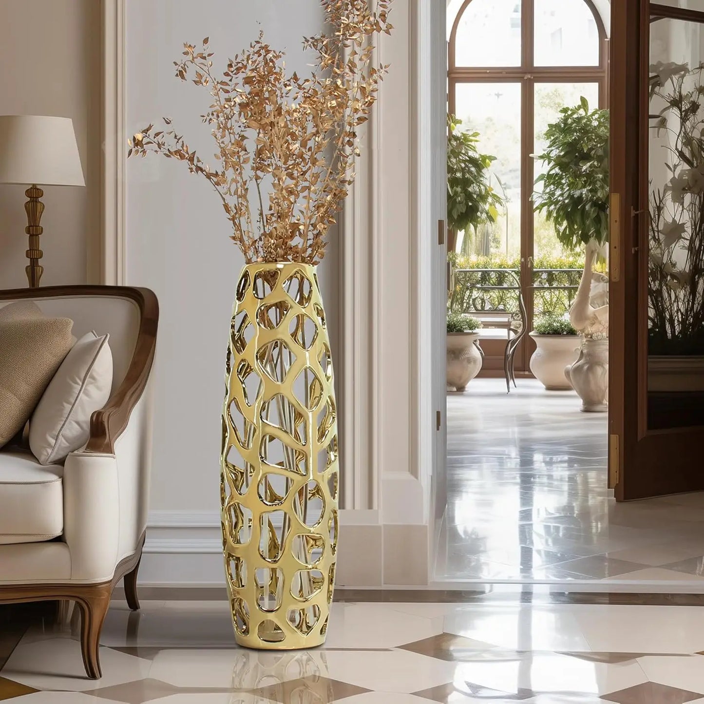 Handmade carved ceramic floor vase, exquisite for decorating tree branches and drying flowers