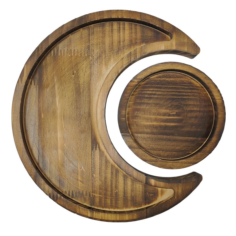 Wooden Crystal Holder Moon Tray with Round Dish Stones Crystals Jewelry Rings Organizer