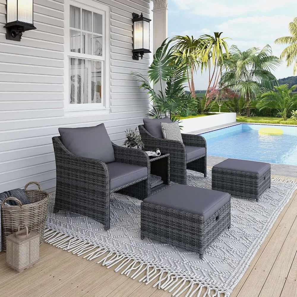 5 Piece Balcony Furniture PE Wicker Rattan Set 2 w/Ottoman cushions Table Patio Chair