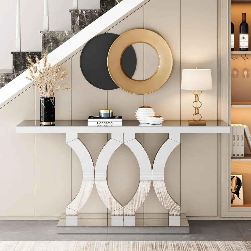 Mirrored Table, with Geometric Base, Modern Sofa Table for Living Room