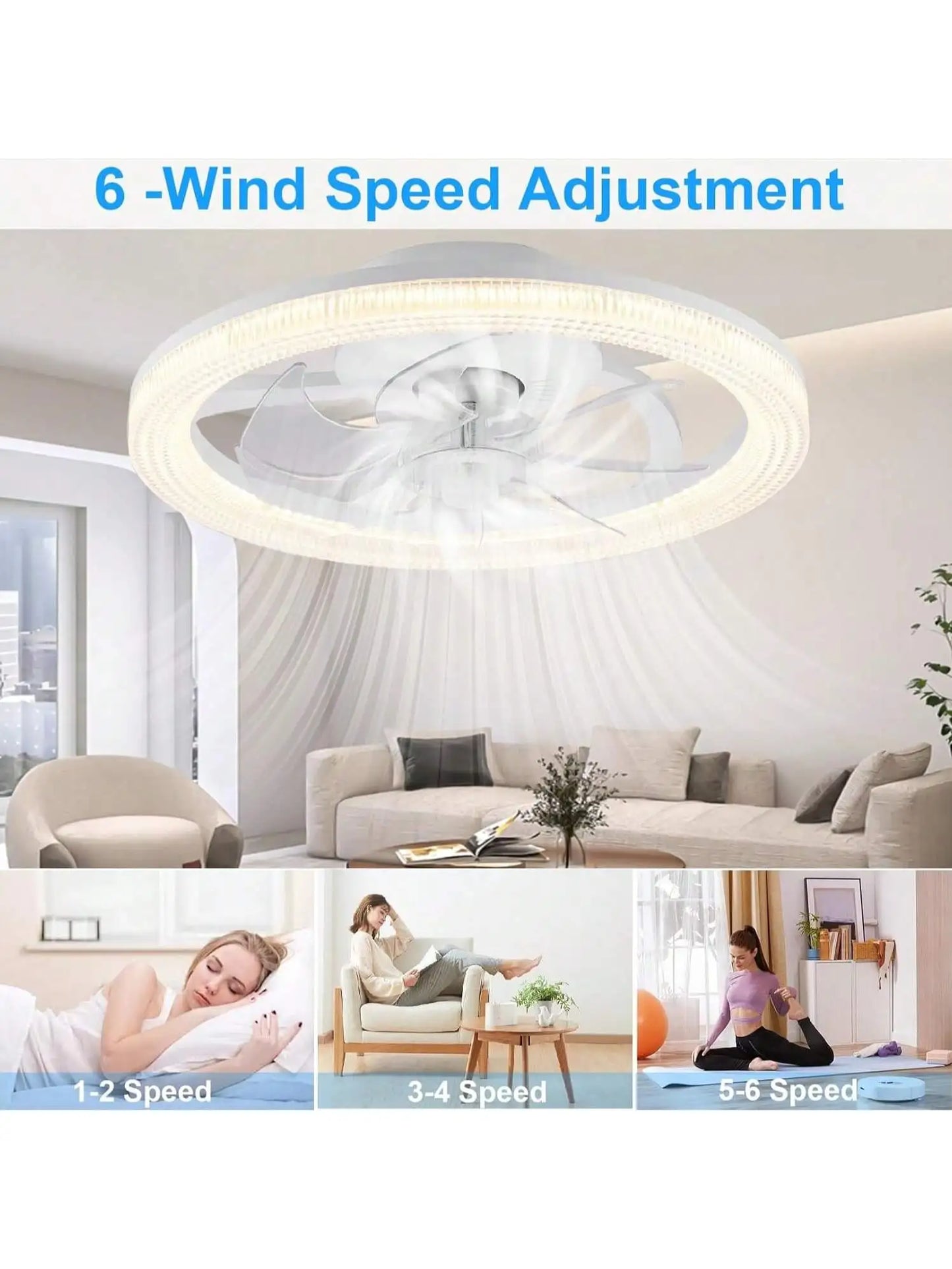 Ceiling Fans With Lights And Remote, 15.7"Flush Mount Ceiling Fan, 6Wind Speeds Low Profile Ceiling Fan With Light, Dimmable LED