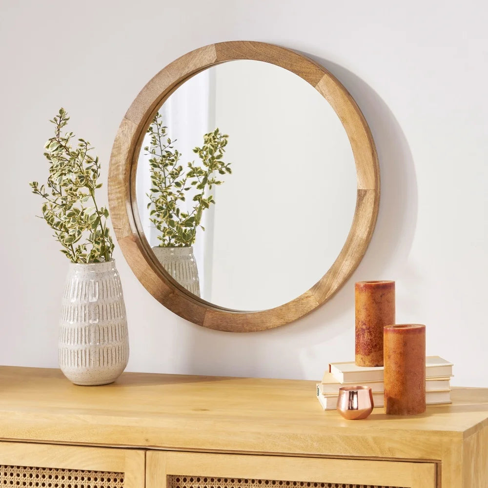 Round Mirror Mango Wood Frame Handcrafted Wall Accent Reflective Surface No Assembly