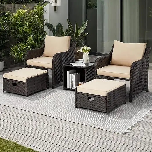 5 Piece Balcony Furniture PE Wicker Rattan Set 2 w/Ottoman cushions Table Patio Chair
