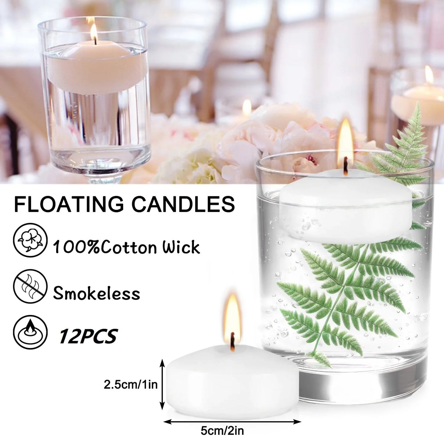12 2inch white floating candles, home decor- ideal for all Rooms