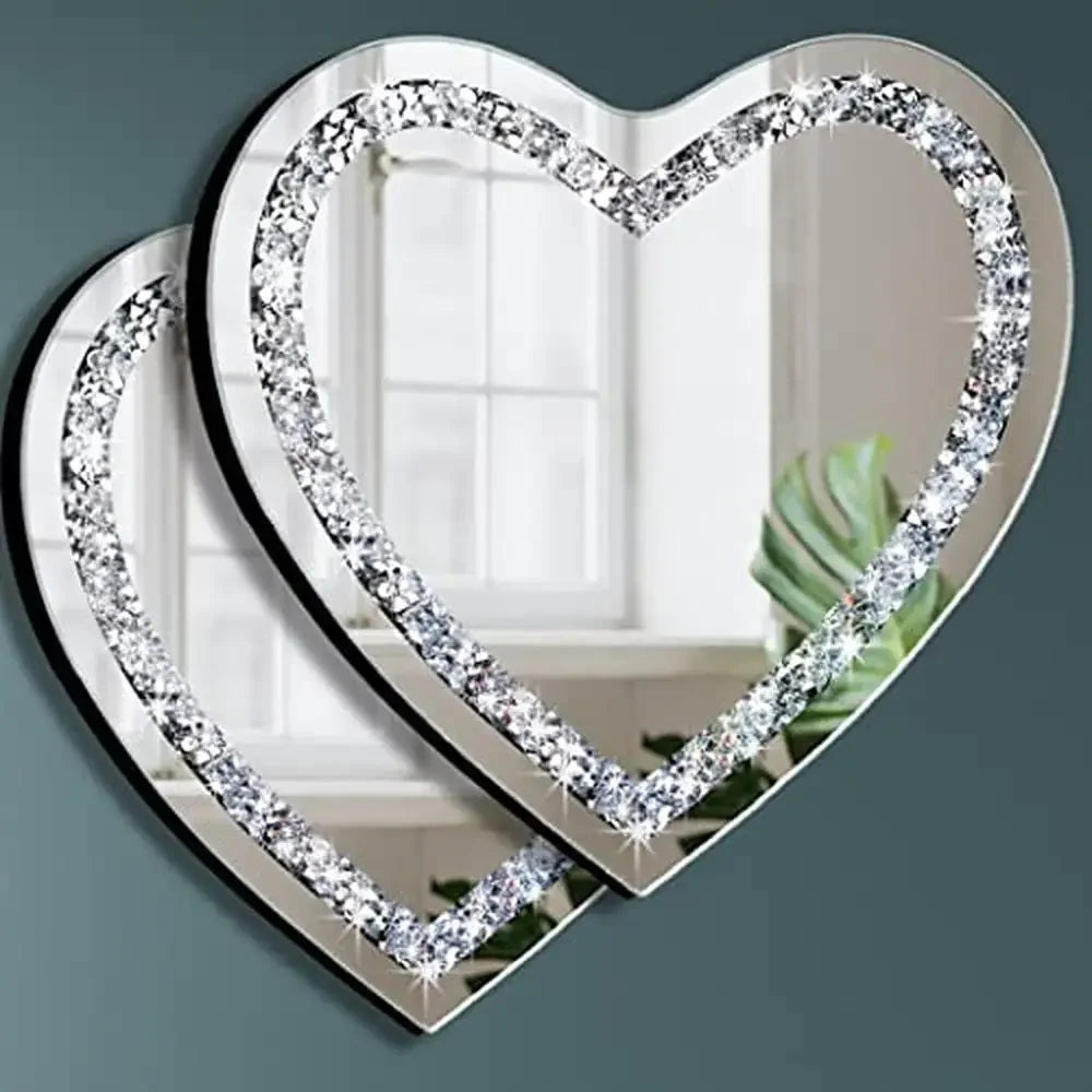 Heart Shaped Crystal Crush Diamond Glass Mirror Set Pack of 2 Glam Style Stainless Steel Chain