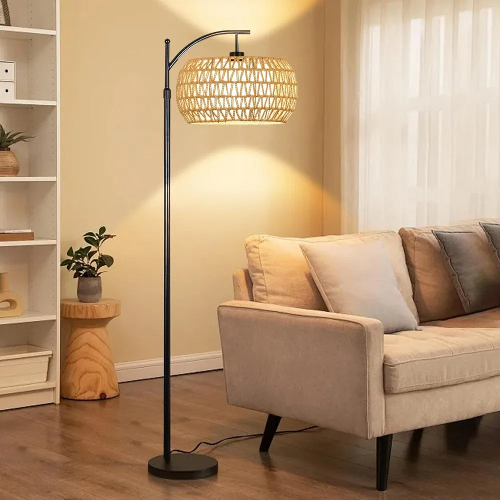 Lamp Remote Control, Dimmable LED Floor Wicker Shade Black Standing, 3 Color Temperature