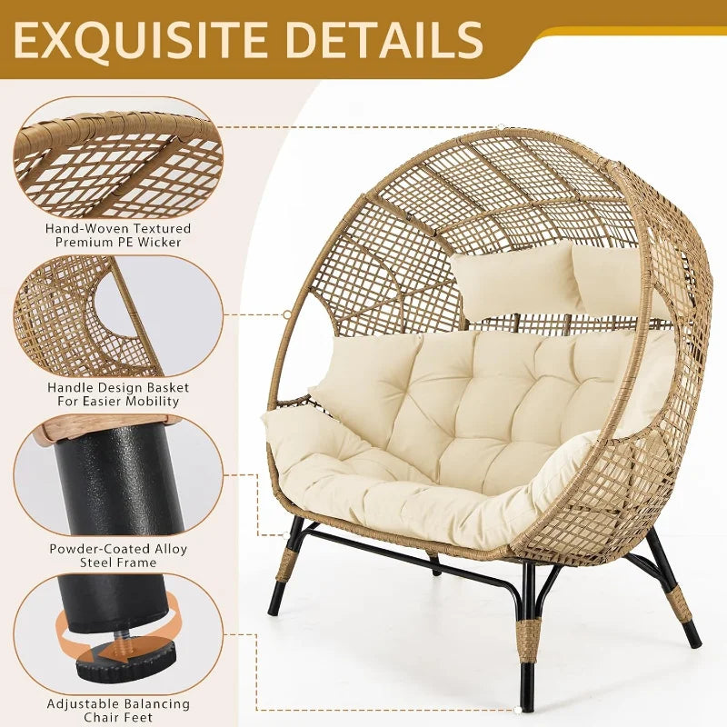 Double Egg Chair Indoor Outdoor Stationary Oversized Thicken Padded Cushions 2 Person Loveseat Chair