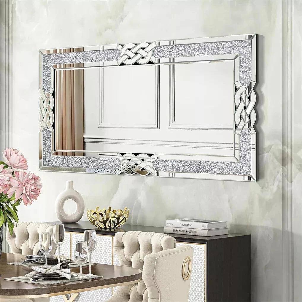 Crushed Diamond Wall Mirror Rectangular Glass Silver Decor Crystal Frame Edge