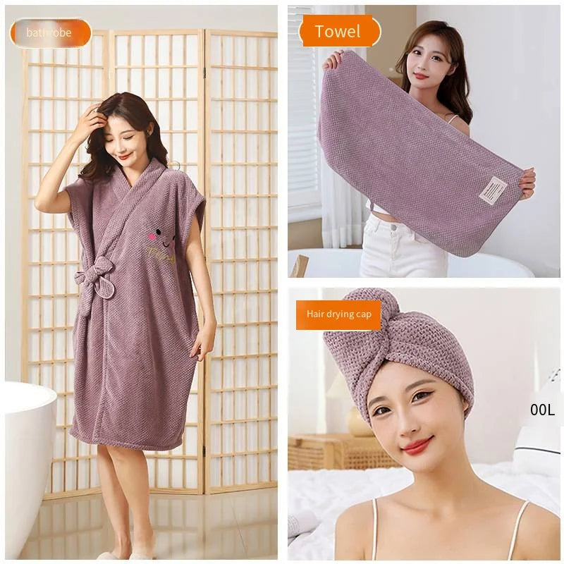 New pineapple bathrobe bath towel coral velvet thickened home cross binding skirt with cap